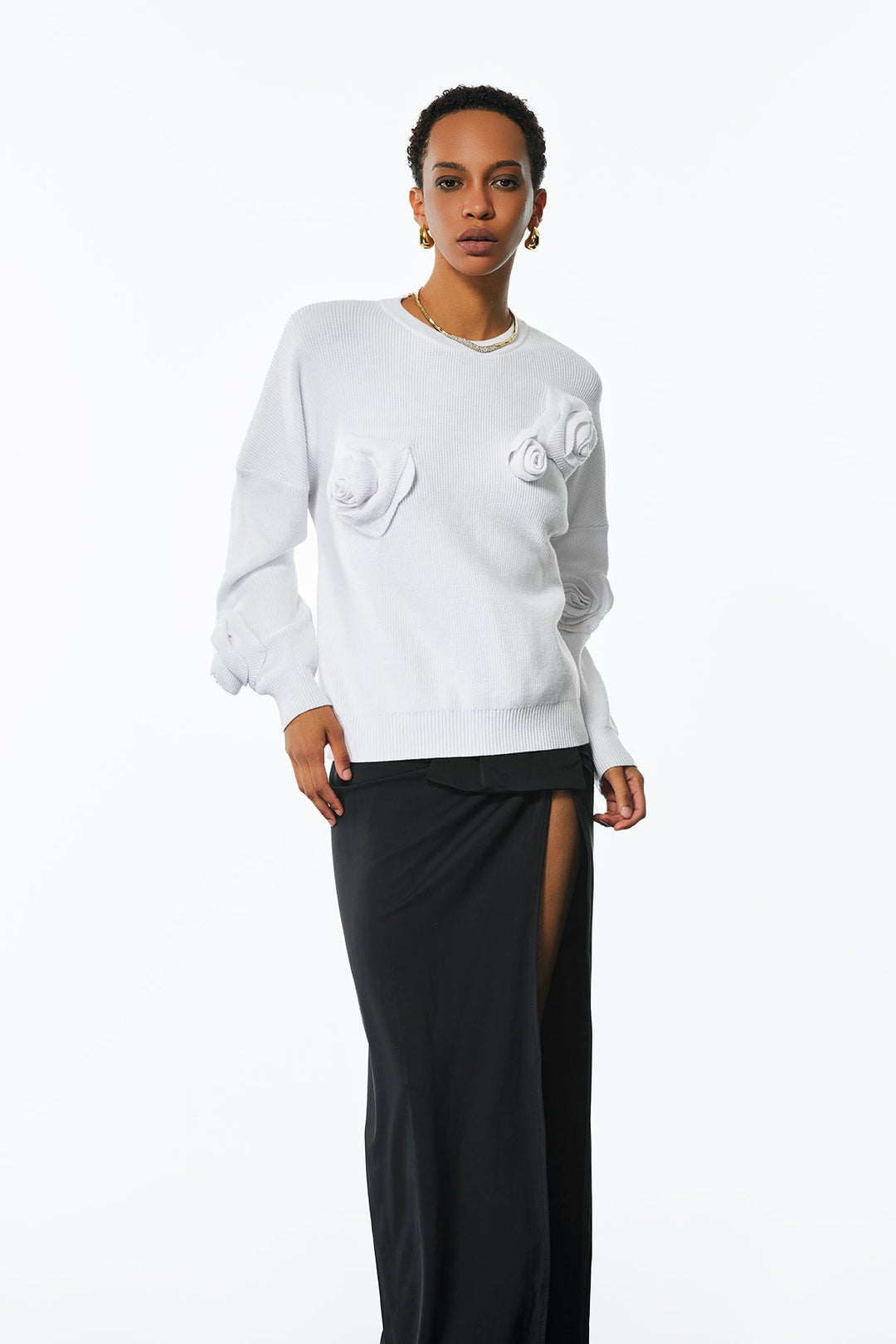 Jasmin Flower Long Sleeve Knit Top In White - Celestia Couture