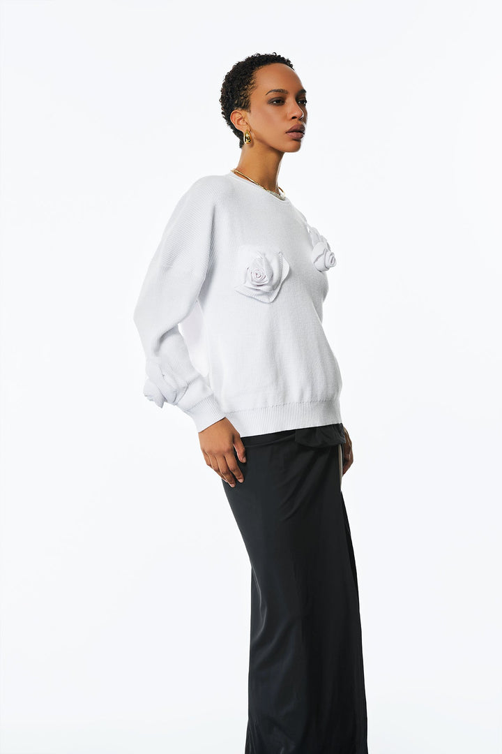 Jasmin Flower Long Sleeve Knit Top In White - Celestia Couture