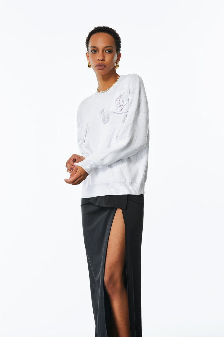 Jasmin Flower Long Sleeve Knit Top In White - Celestia Couture