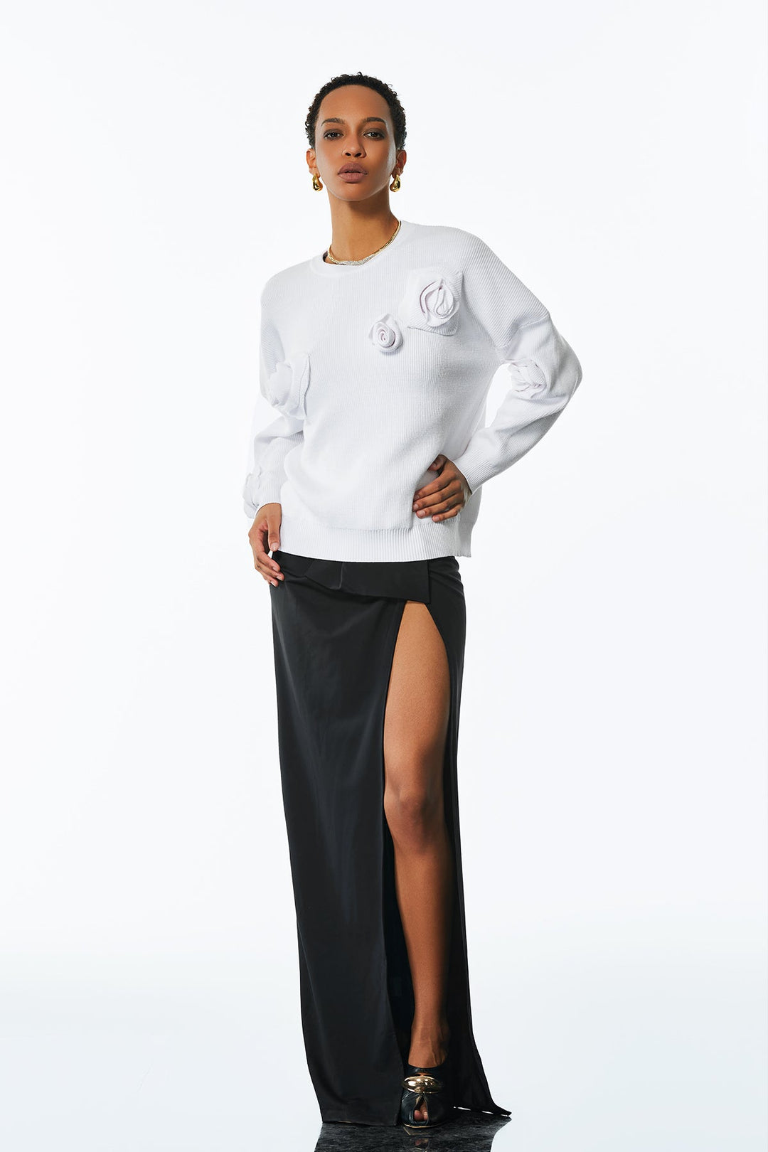 Jasmin Flower Long Sleeve Knit Top In White - Celestia Couture