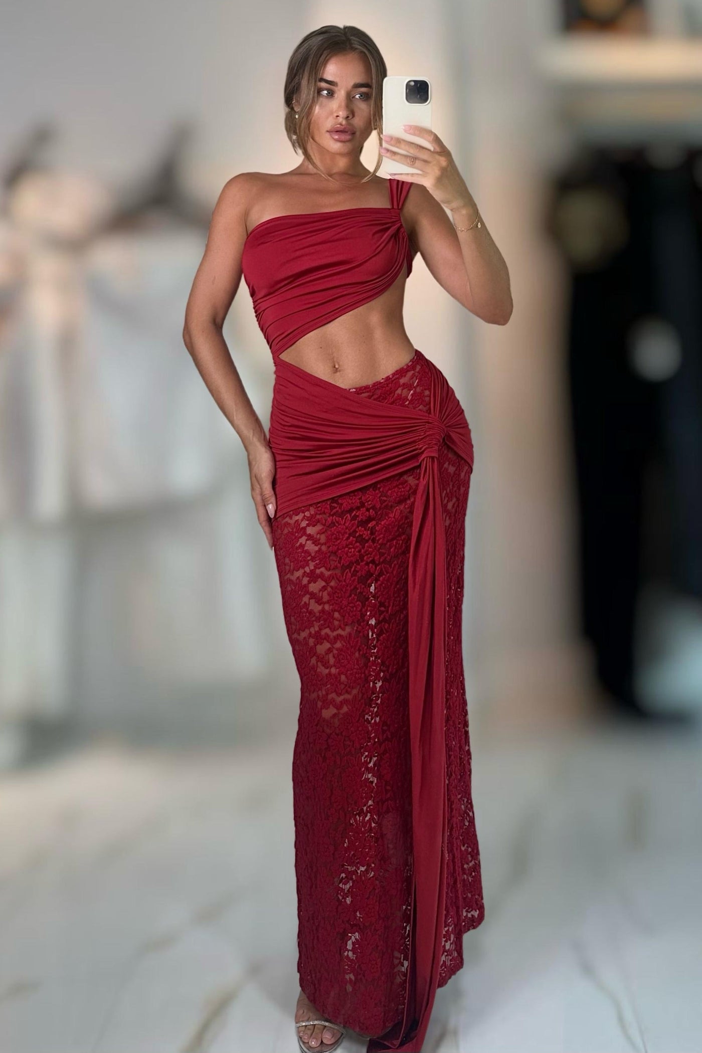 Seka Draped Cut Out Mini Dress With Lace Skirt