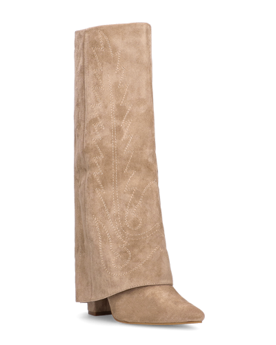 KALA - stivali alti con risvolto beige con cuciture dorate