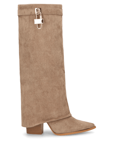 KAARINA - stivale alto in camoscio beige con risvolto