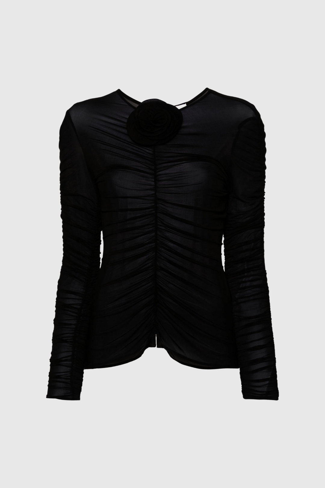 Kenia Flower Ruch Mesh Top In Black - Celestia Couture