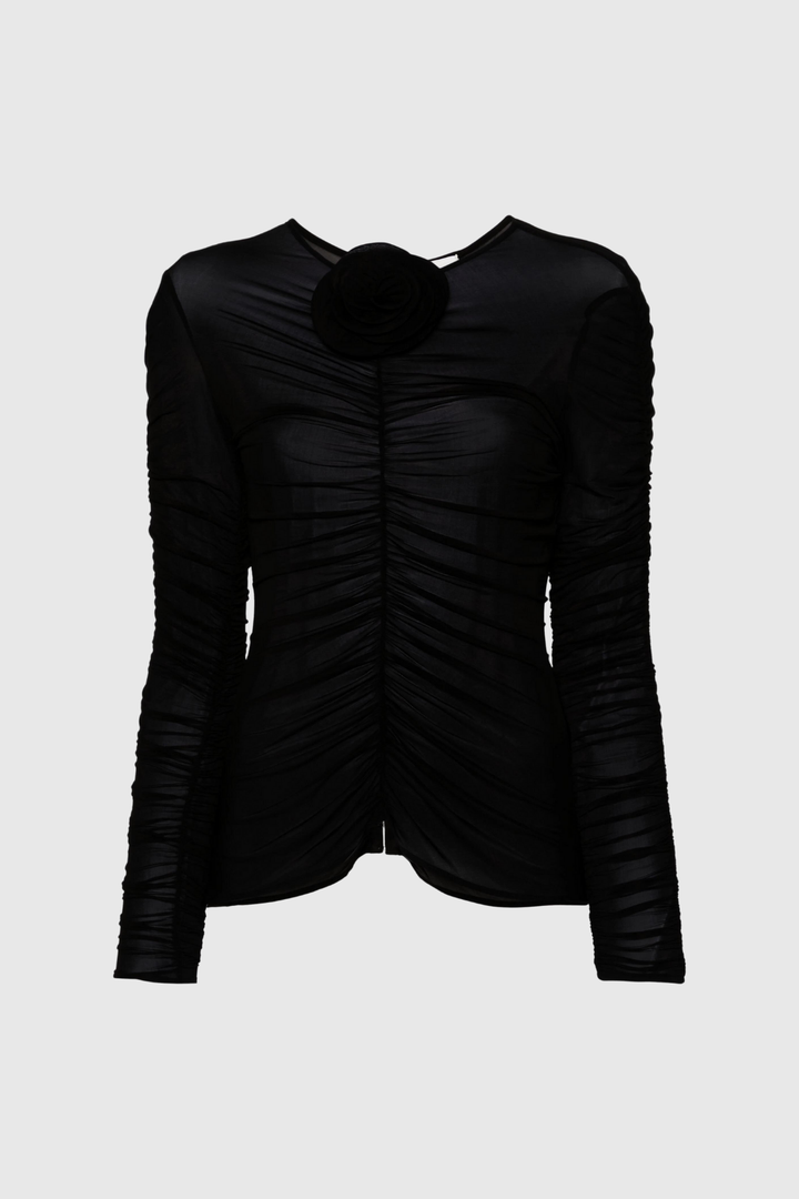 Kenia Flower Ruch Mesh Top In Black - Celestia Couture