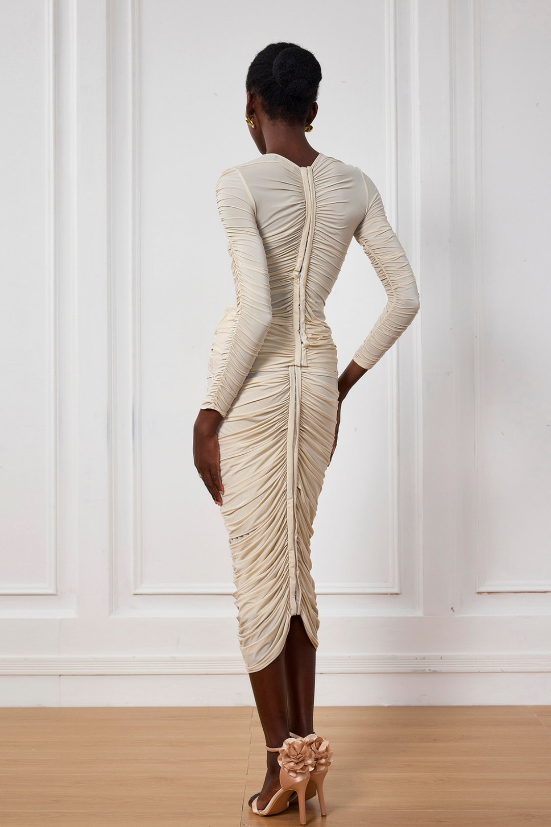 Kenia Flower Ruch Mesh Midi Skirt - Celestia Couture