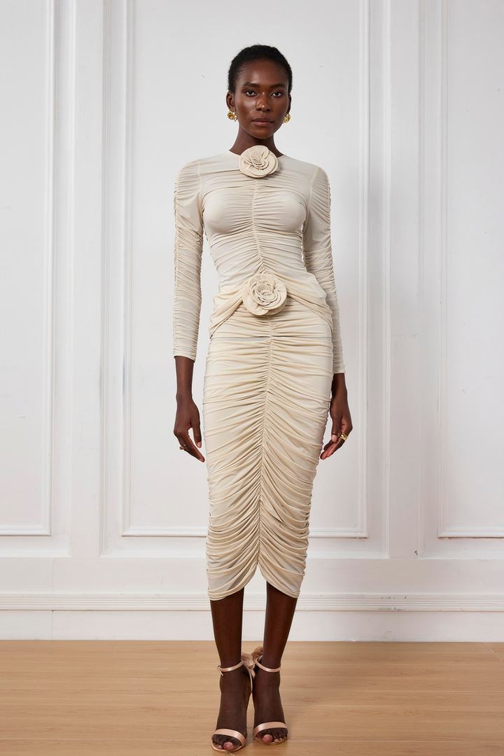 Kenia Flower Ruch Mesh Midi Skirt - Celestia Couture
