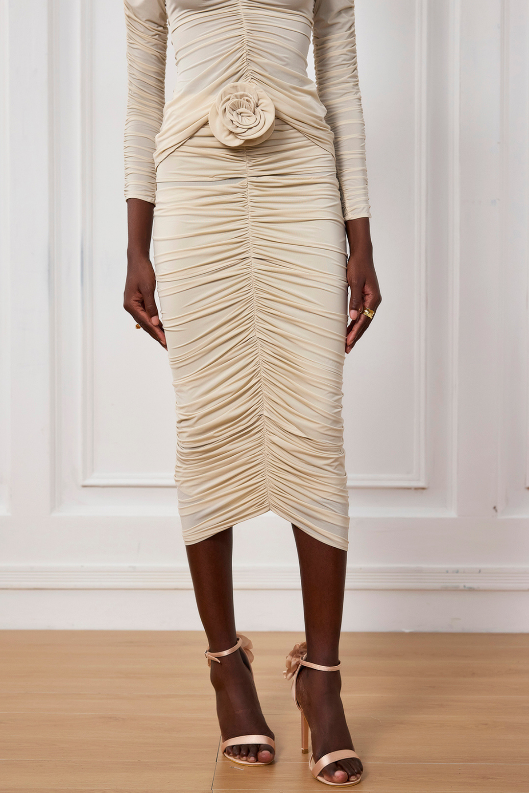 Kenia Flower Ruch Mesh Midi Skirt - Celestia Couture
