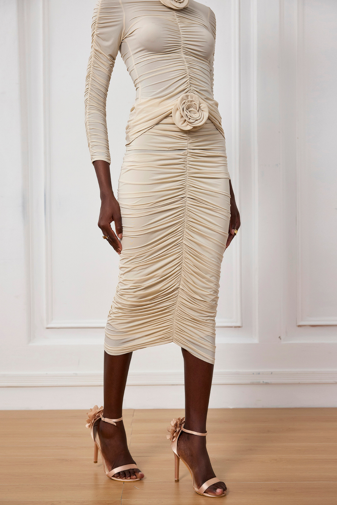 Kenia Flower Ruch Mesh Midi Skirt - Celestia Couture