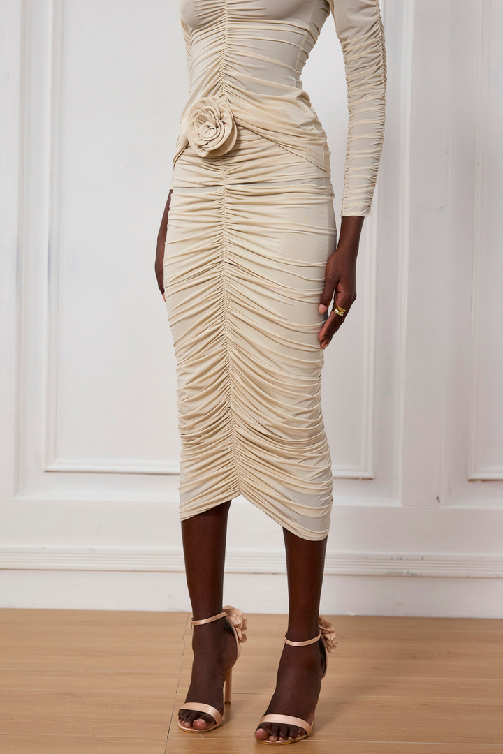 Kenia Flower Ruch Mesh Midi Skirt - Celestia Couture