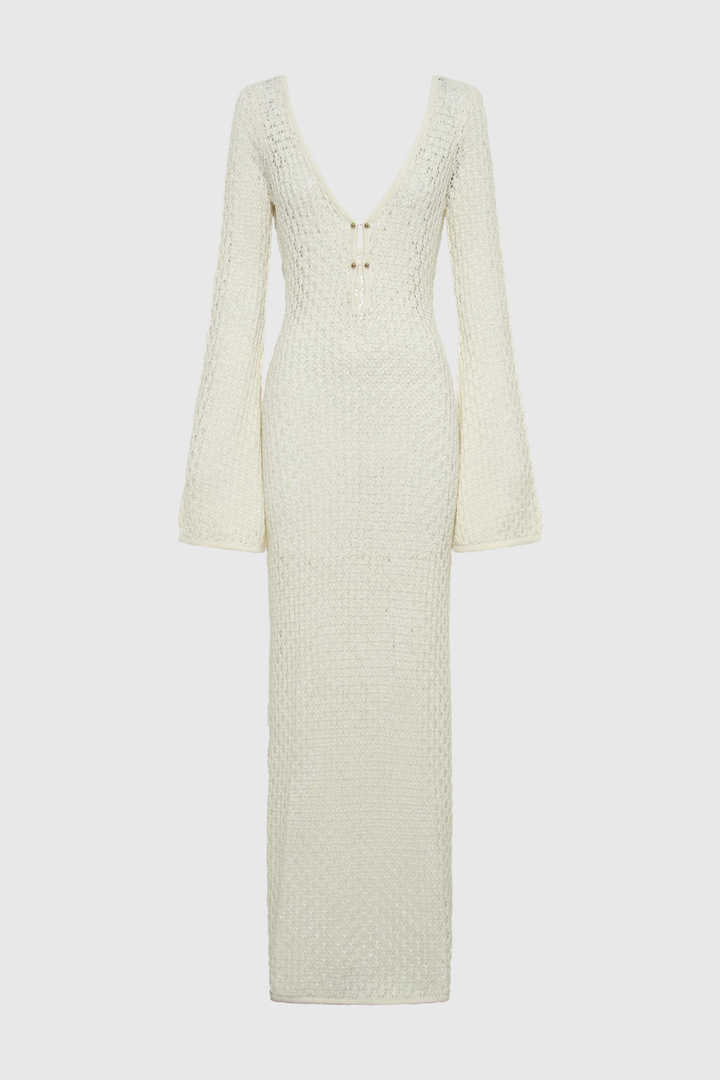 Lana Knit Hollow Plunge Maxi Dress In White - Celestia Couture