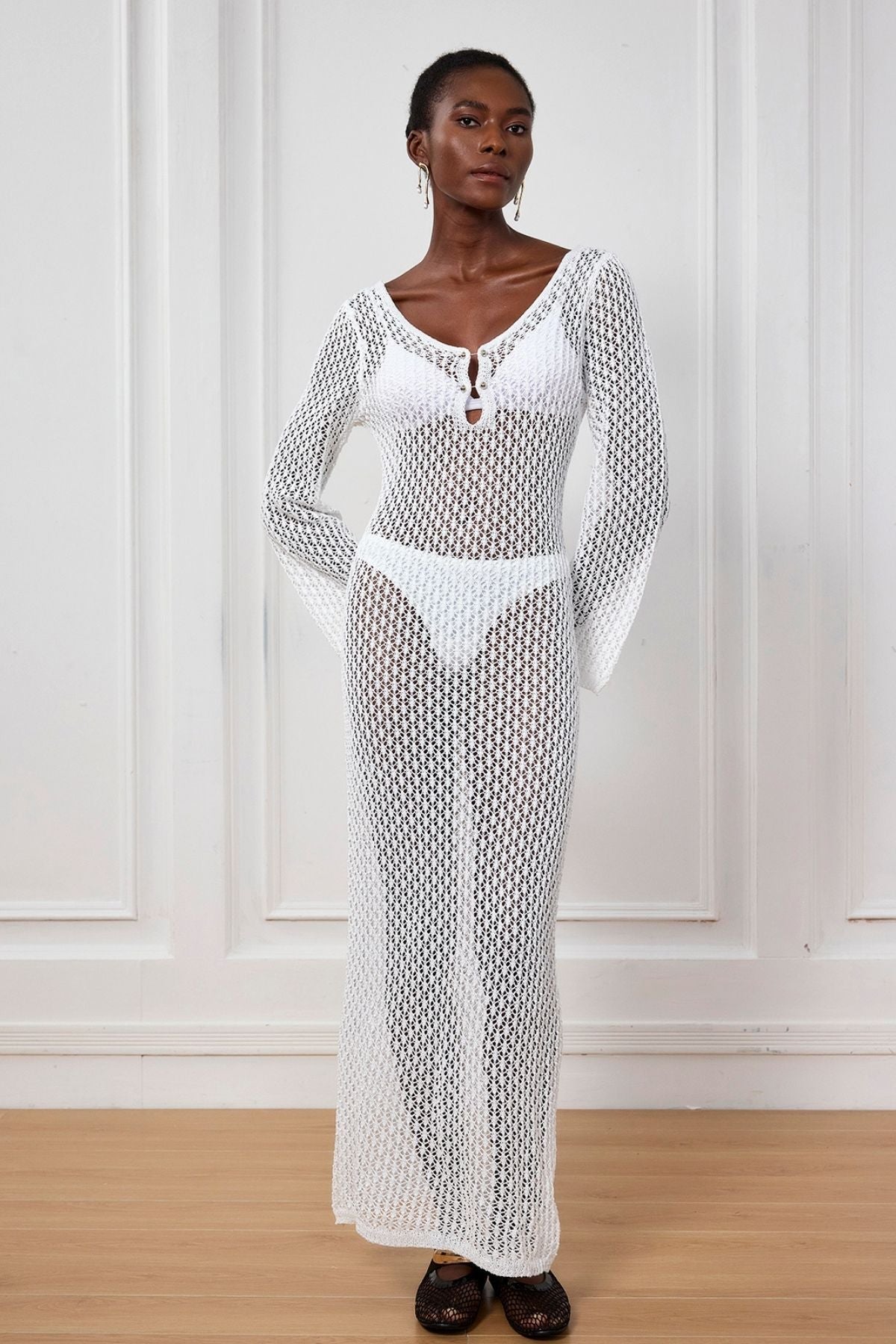 Lana Knit Hollow Plunge Maxi Dress In White