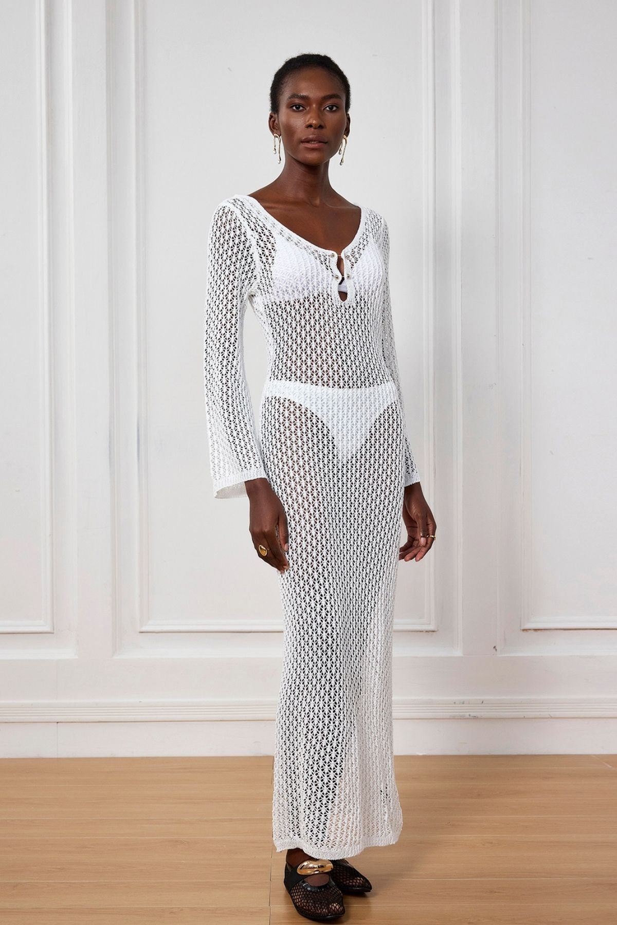 Lana Knit Hollow Plunge Maxi Dress In White