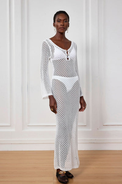 Lana Knit Hollow Plunge Maxi Dress In White