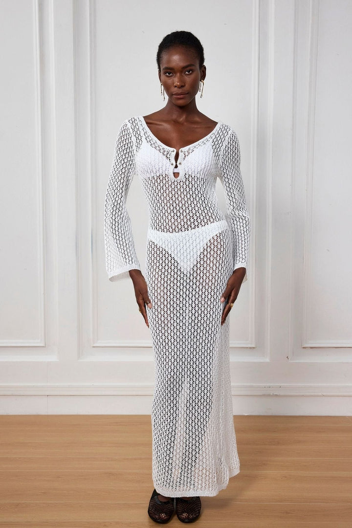 Lana Knit Hollow Plunge Maxi Dress In White - Celestia Couture