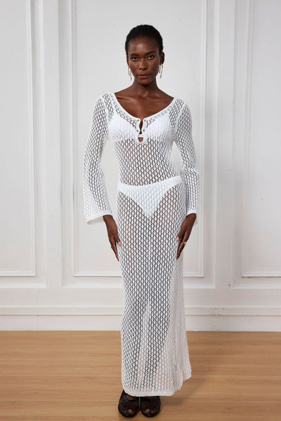 Lana Knit Hollow Plunge Maxi Dress In White