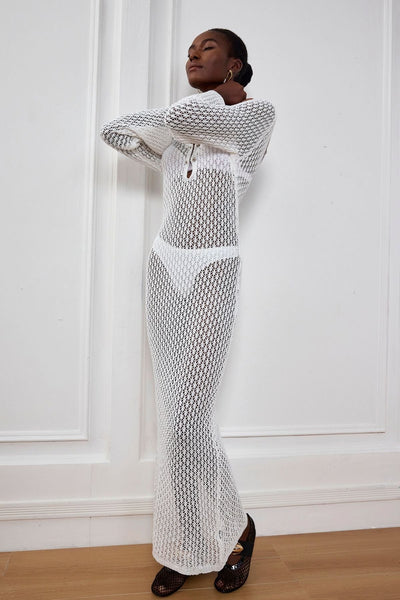 Lana Knit Hollow Plunge Maxi Dress In White