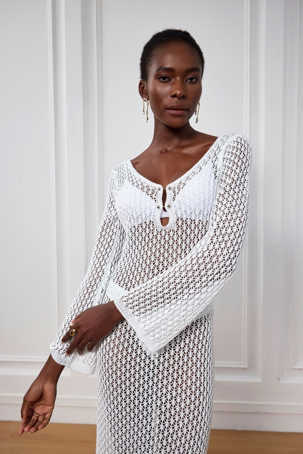 Lana Knit Hollow Plunge Maxi Dress In White