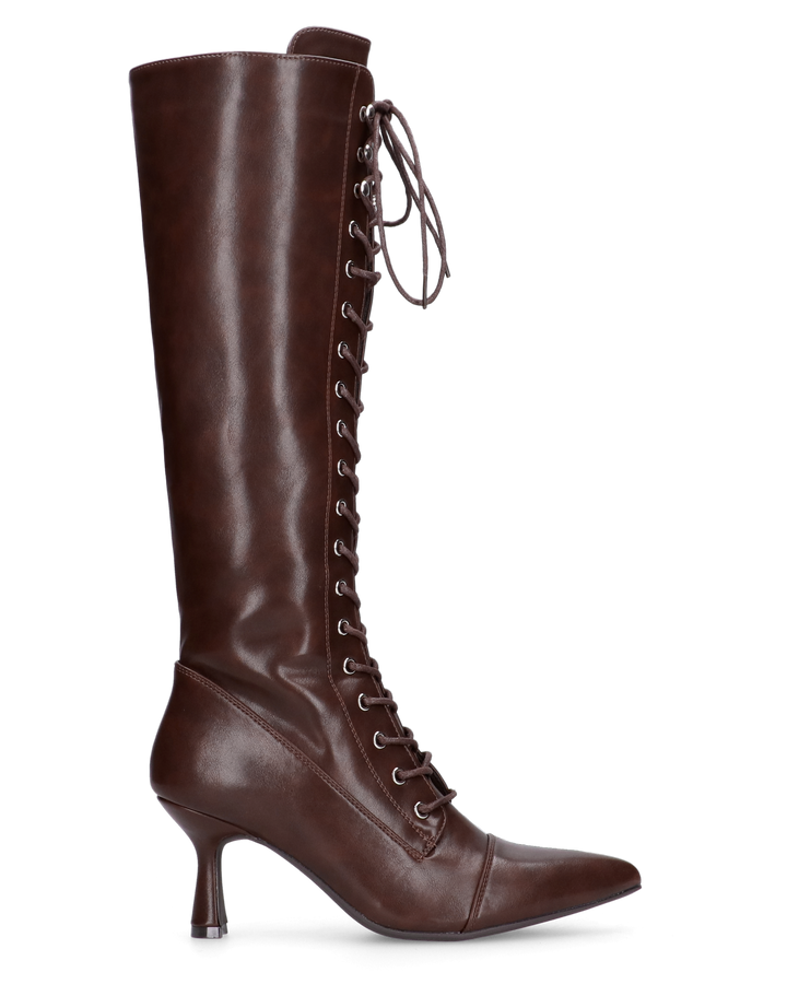 LETY - stivali alti marroni con tacco medio e stringhe