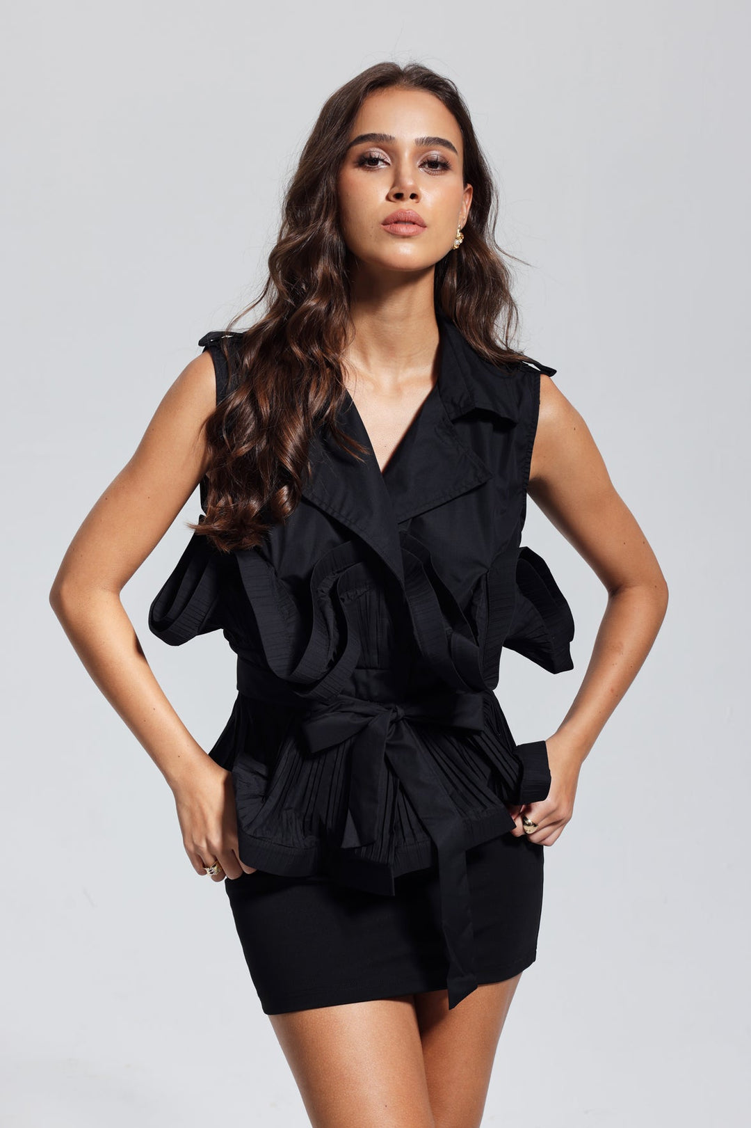 Lilia Ruffle Ruch Lace Up Vest In Black - Celestia Couture