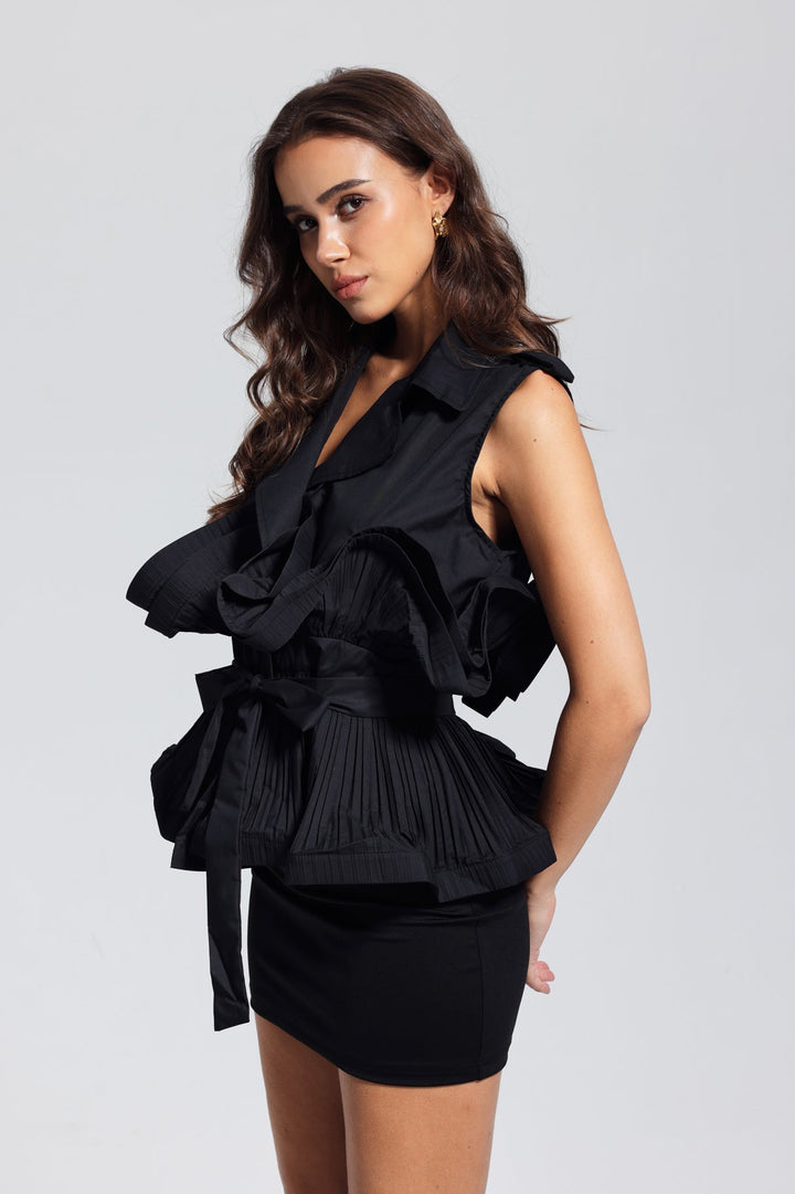 Lilia Ruffle Ruch Lace Up Vest In Black - Celestia Couture
