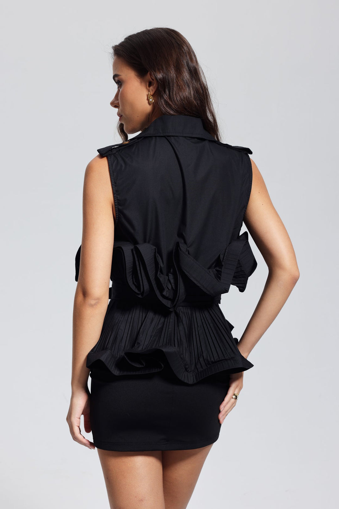 Lilia Ruffle Ruch Lace Up Vest In Black - Celestia Couture