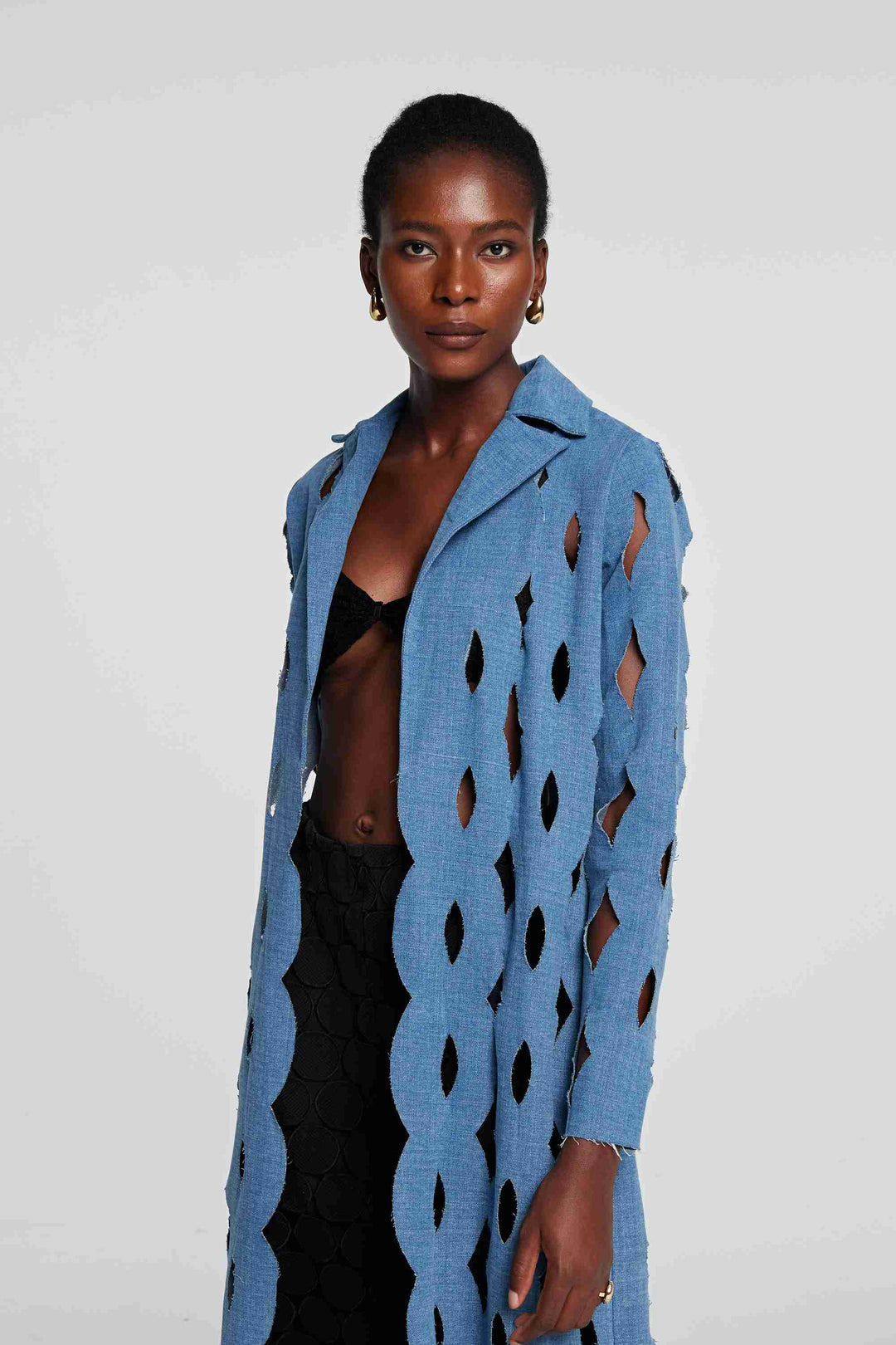 Lilly Geometric Hollow Denim Coat - Celestia Couture