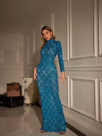 Stunning Blue Liora Sequin Crystal Maxi Dress with Elegant Long Sleeves - Celestial Couture