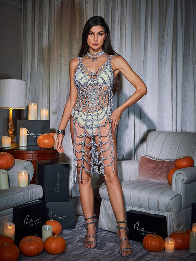 Enigmatic Lycan Spaghetti Strap Hollow Dress with Cobweb Design - Celestial Couture