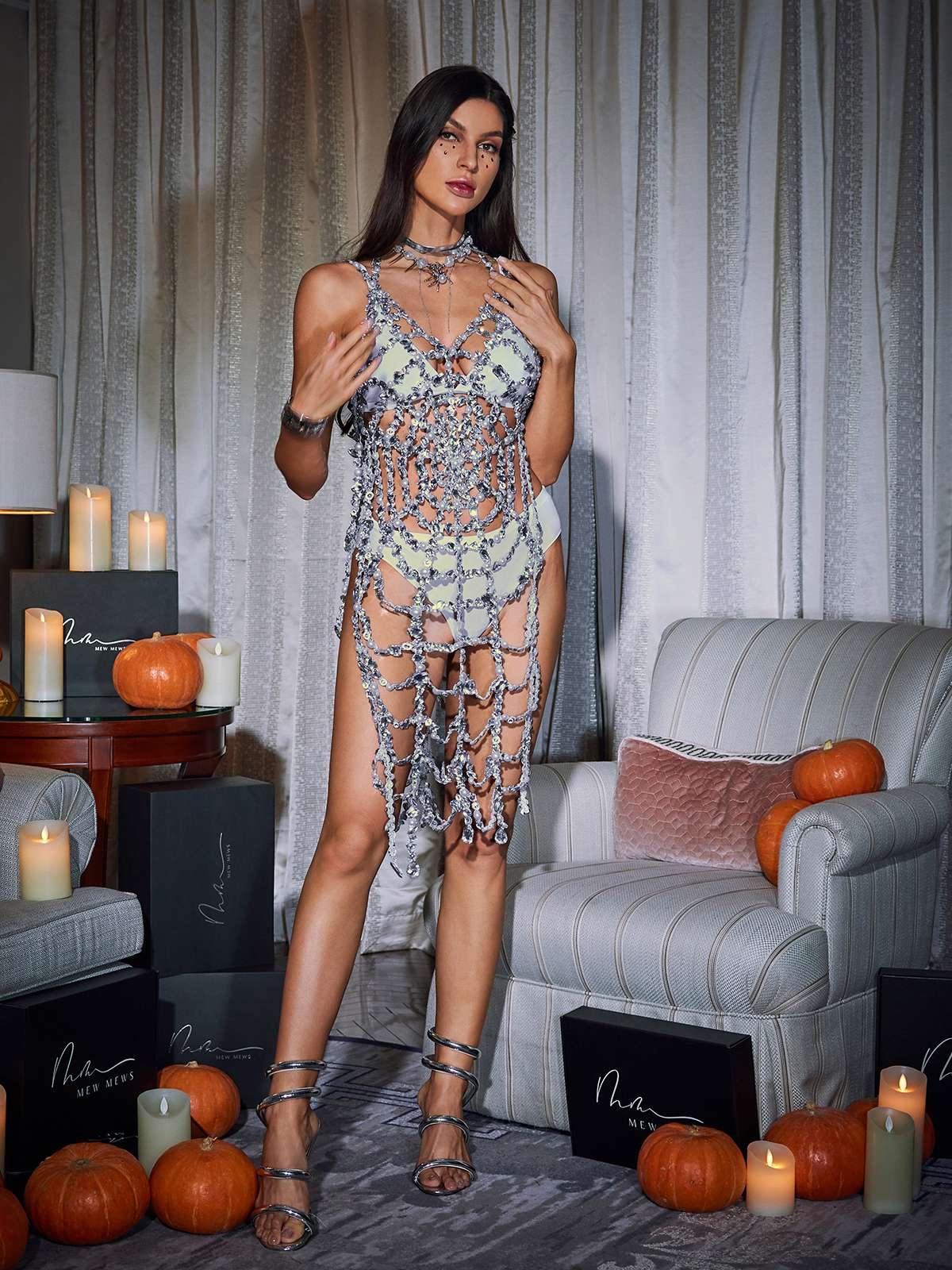 Enigmatic Lycan Spaghetti Strap Hollow Dress with Cobweb Design - Celestial Couture