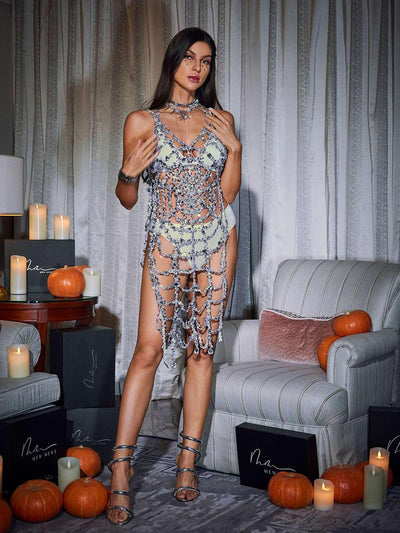 Enigmatic Lycan Spaghetti Strap Hollow Dress with Cobweb Design - Celestial Couture