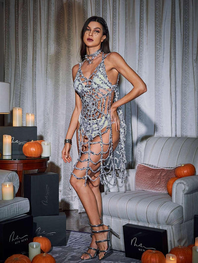 Enigmatic Lycan Spaghetti Strap Hollow Dress with Cobweb Design - Celestial Couture