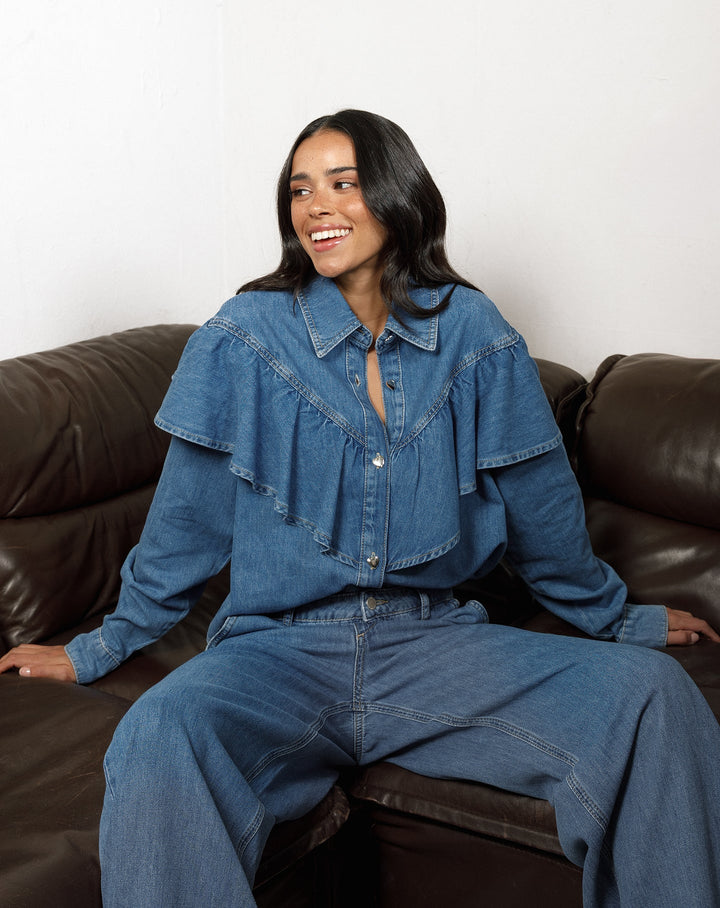 FLOWY DENIM WIDE LEG JEANS MID BLUE