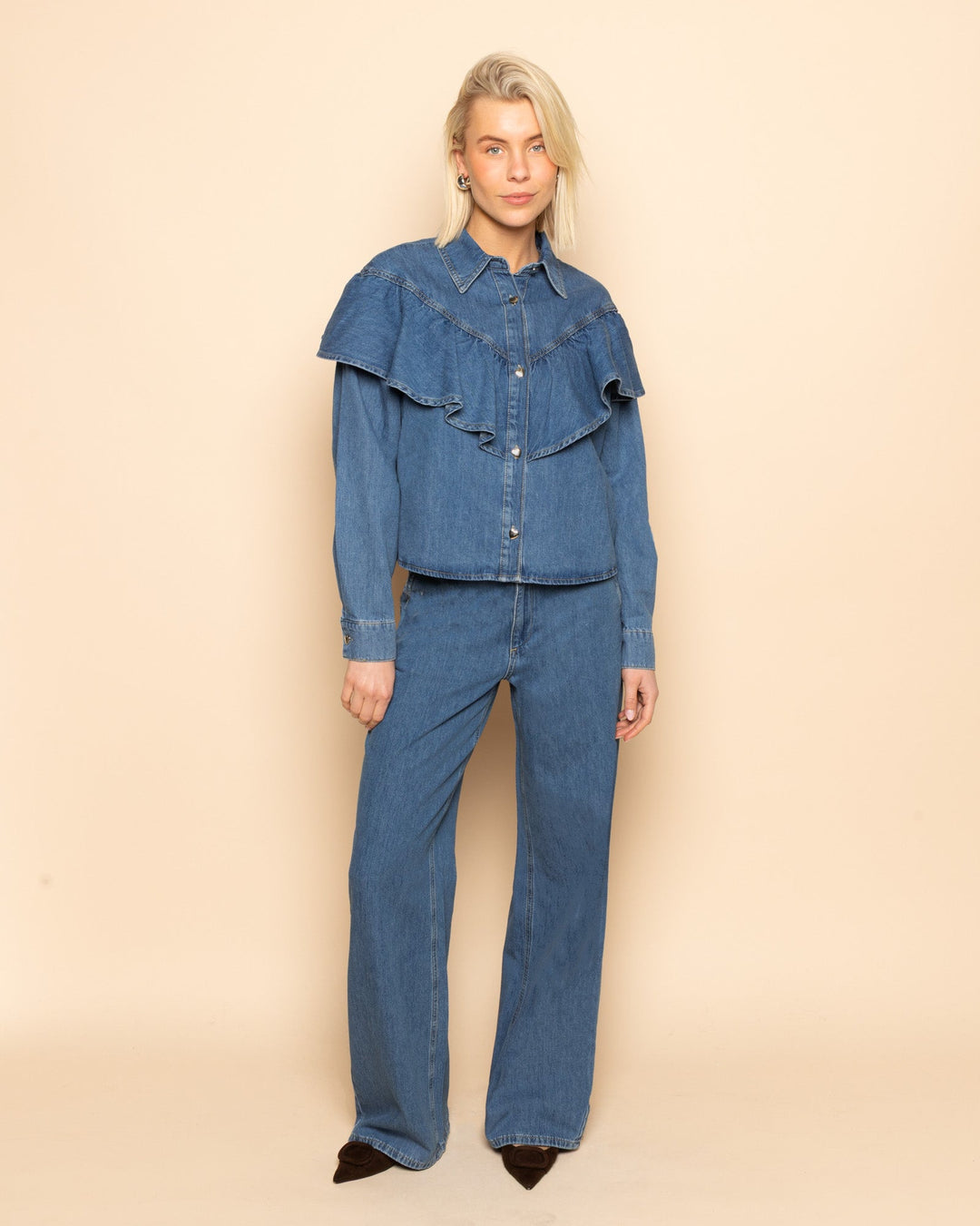 FLOWY DENIM WIDE LEG JEANS MID BLUE