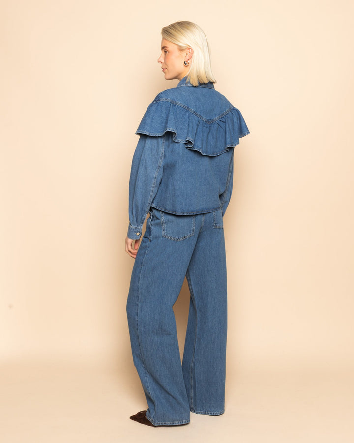 FLOWY DENIM WIDE LEG JEANS MID BLUE