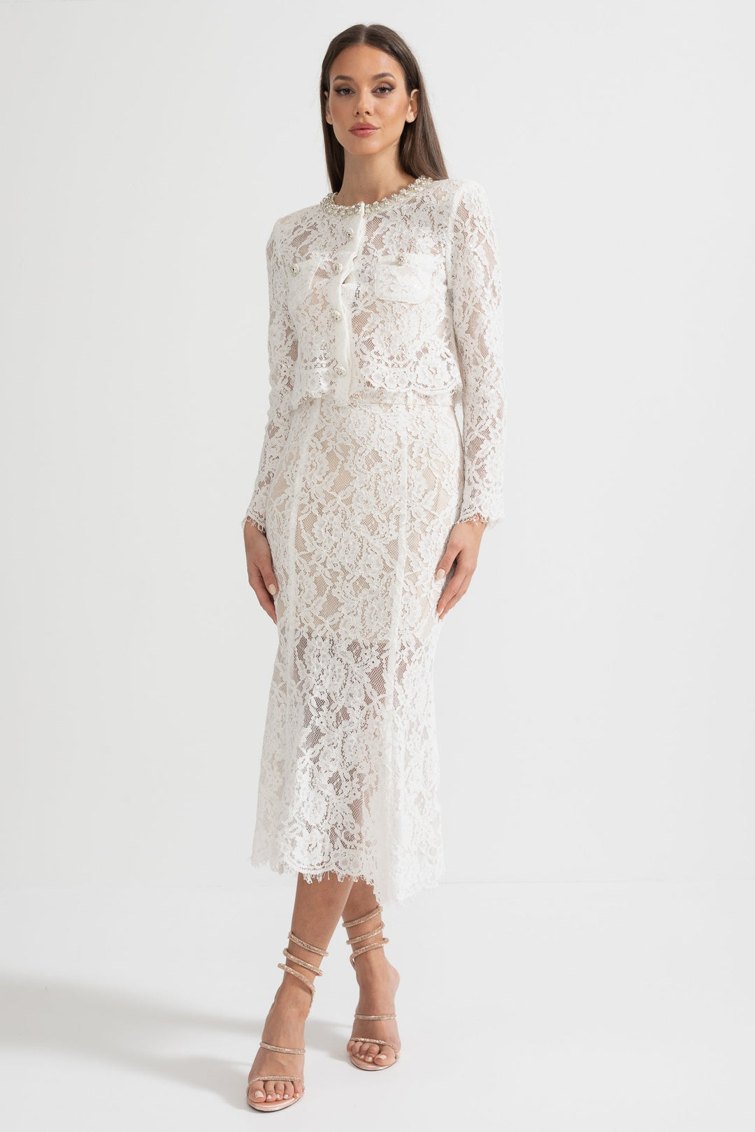 Lace Co-Ord With Sparkling Neckline Embellishments And Midi Skirt - White