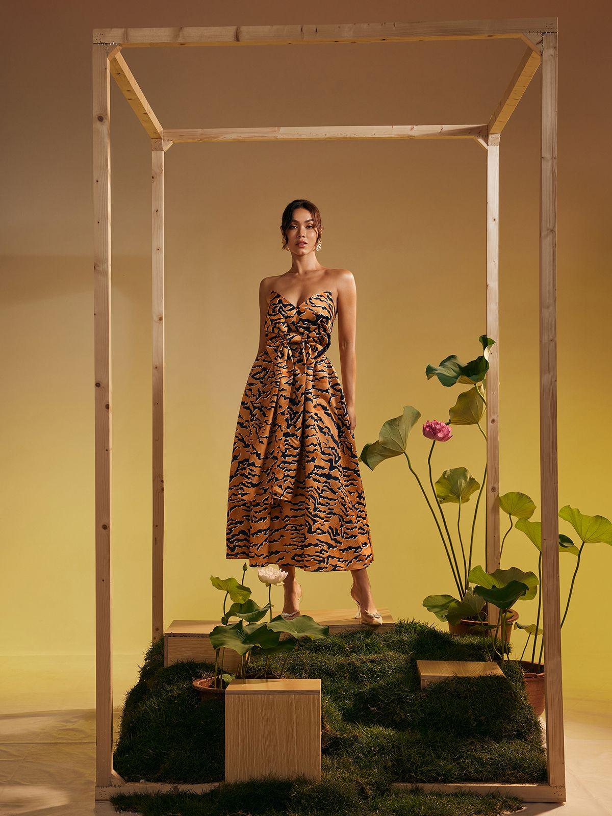 Fierce & Fabulous: Strapless Tiger Print Bow Midi Dress by Marley - Celestial Couture