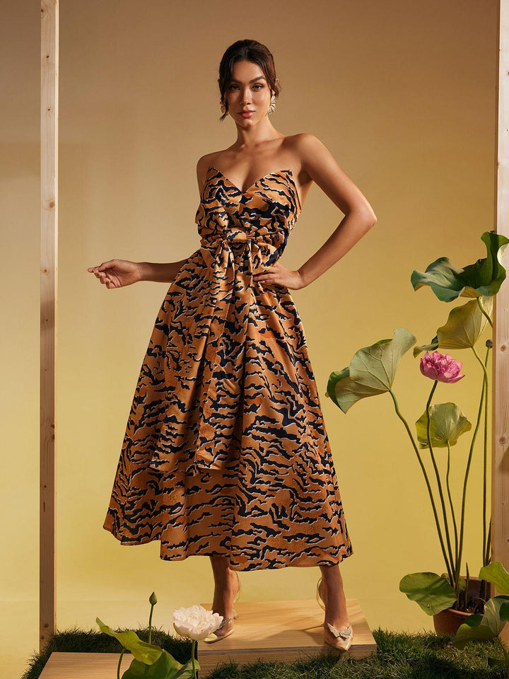 Fierce &amp; Fabulous: Strapless Tiger Print Bow Midi Dress by Marley - Celestia Couture