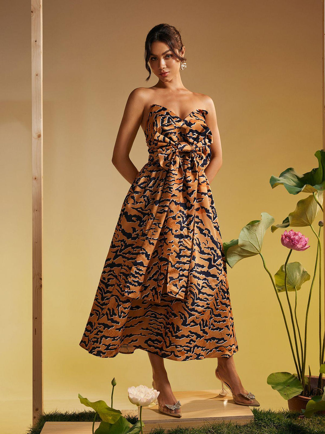 Fierce &amp; Fabulous: Strapless Tiger Print Bow Midi Dress by Marley - Celestia Couture