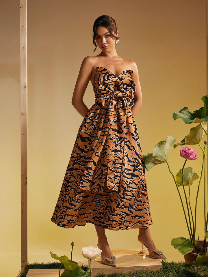 Fierce &amp; Fabulous: Strapless Tiger Print Bow Midi Dress by Marley - Celestia Couture