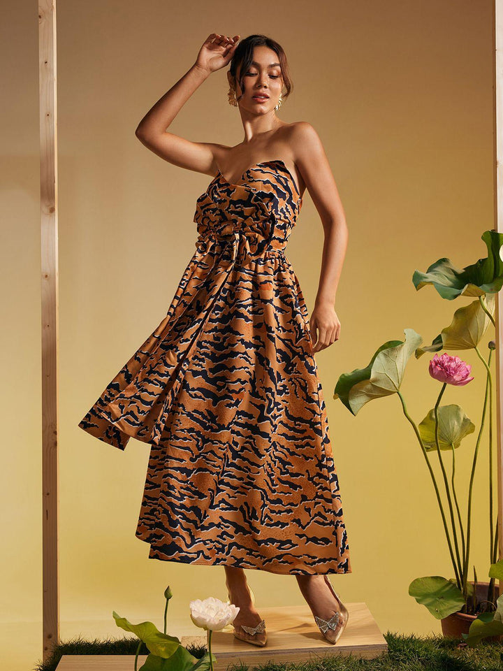 Fierce &amp; Fabulous: Strapless Tiger Print Bow Midi Dress by Marley - Celestia Couture