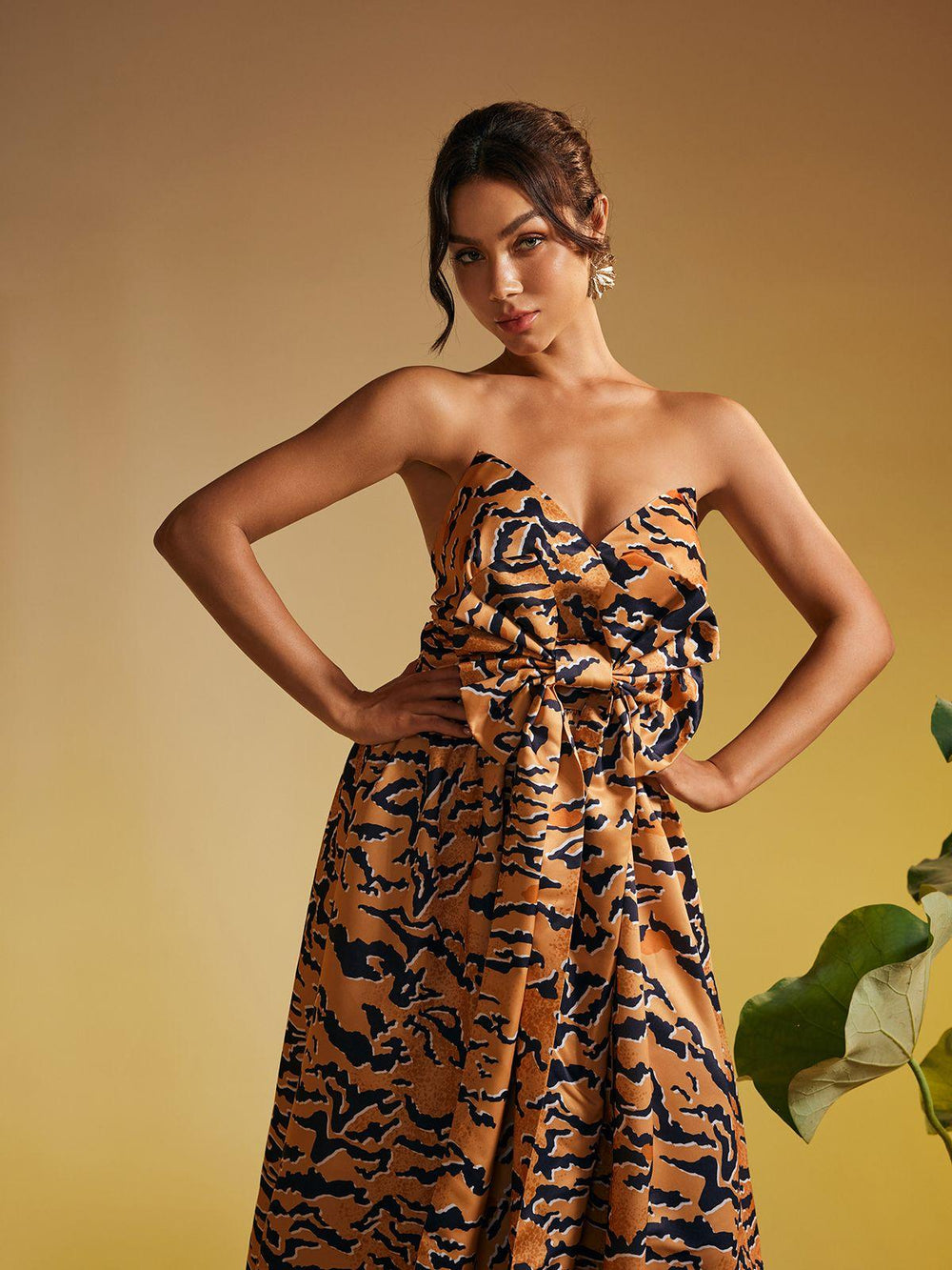 Fierce & Fabulous: Strapless Tiger Print Bow Midi Dress by Marley - Celestia Couture