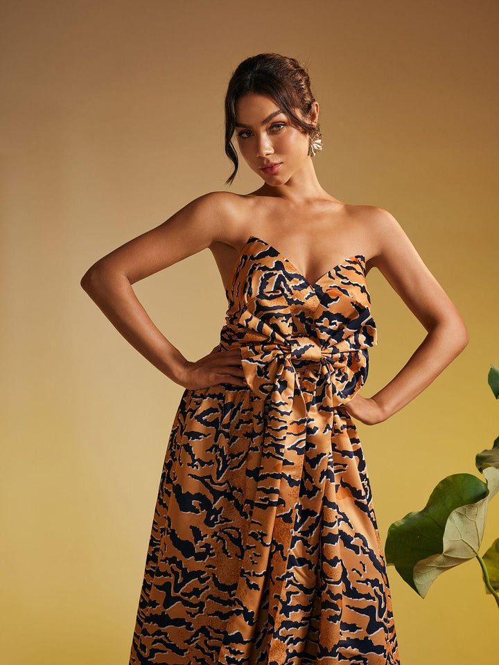 Fierce &amp; Fabulous: Strapless Tiger Print Bow Midi Dress by Marley - Celestia Couture