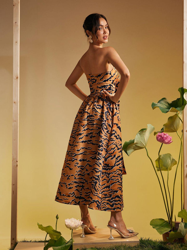 Fierce &amp; Fabulous: Strapless Tiger Print Bow Midi Dress by Marley - Celestia Couture