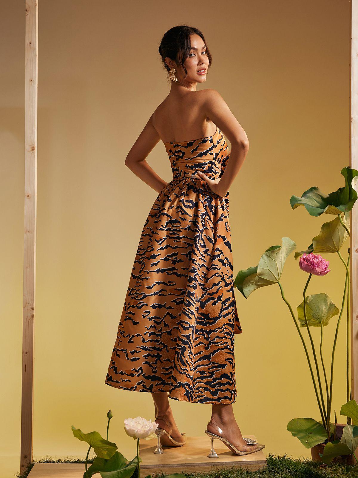 Fierce & Fabulous: Strapless Tiger Print Bow Midi Dress by Marley - Celestial Couture