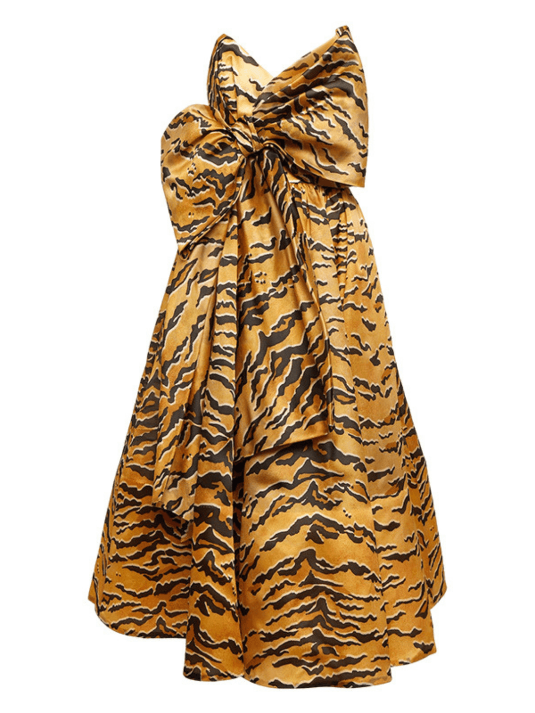 Fierce &amp; Fabulous: Strapless Tiger Print Bow Midi Dress by Marley - Celestia Couture