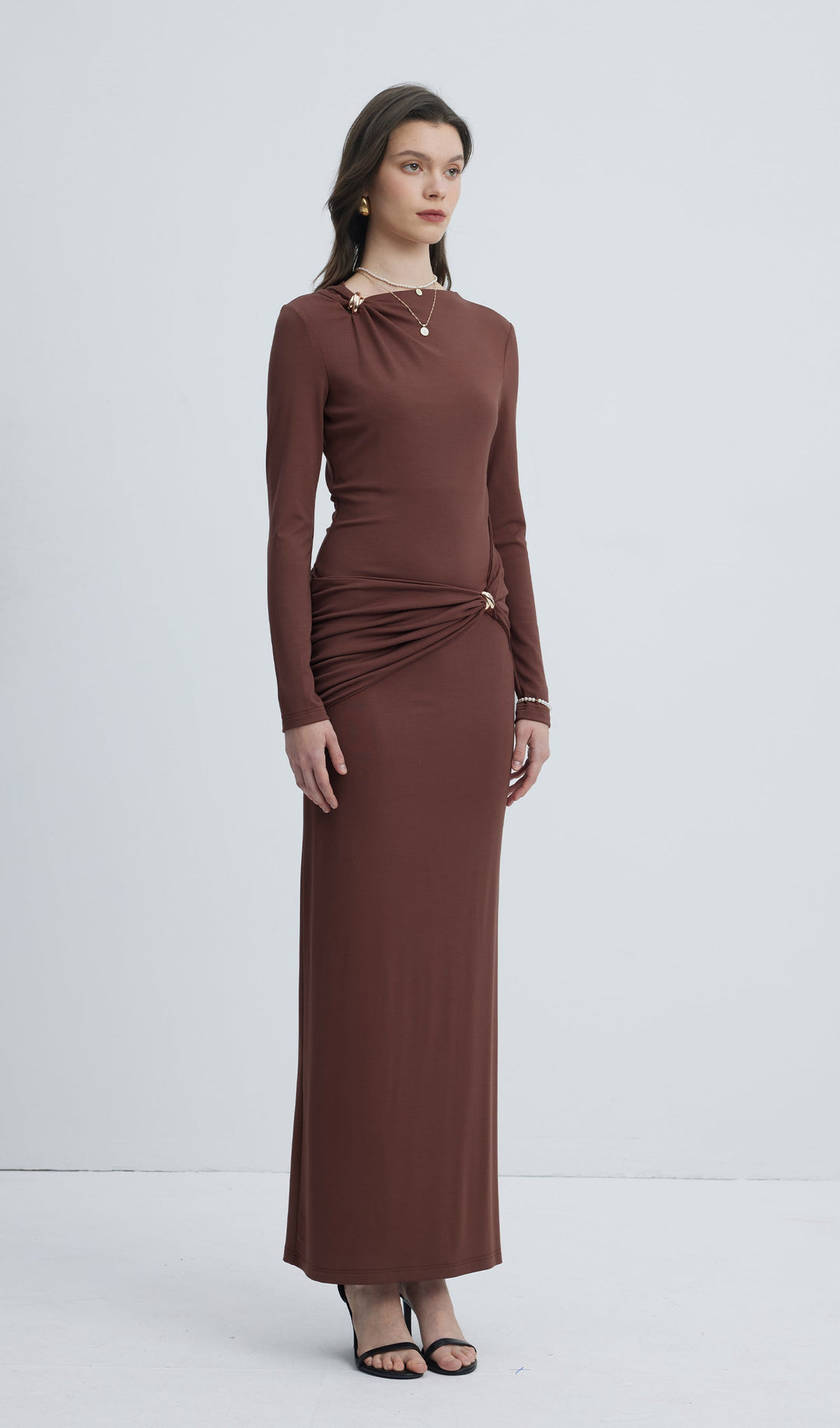 Jersey Seductive Fitted Maxi Dress-Brown - Celestia Couture