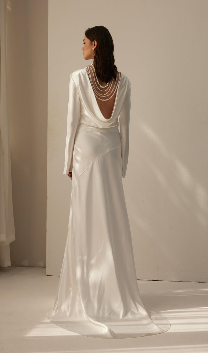 White Satin Long Sleeved Slim Evening Dress - Celestia Couture
