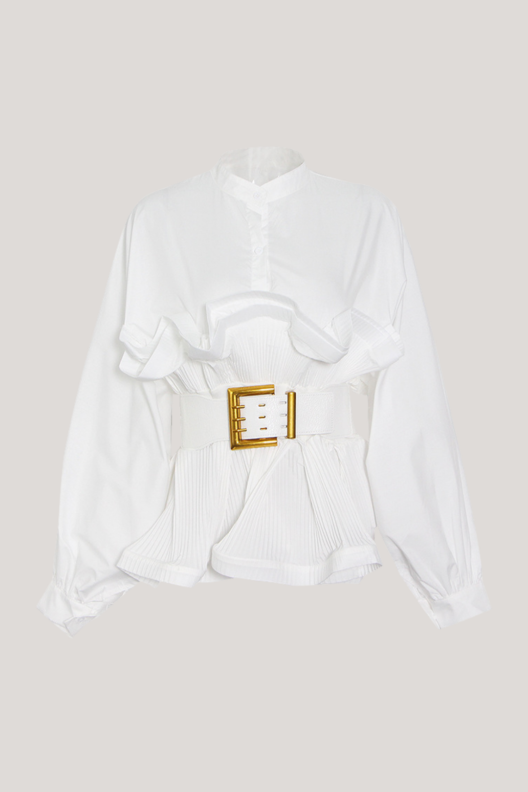 Mazie Buckle Ruffle Ruch Shirt - Celestia Couture