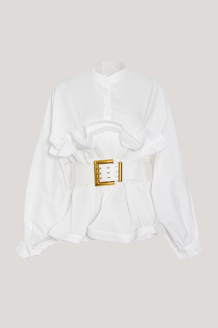 Mazie Buckle Ruffle Ruch Shirt - Celestia Couture